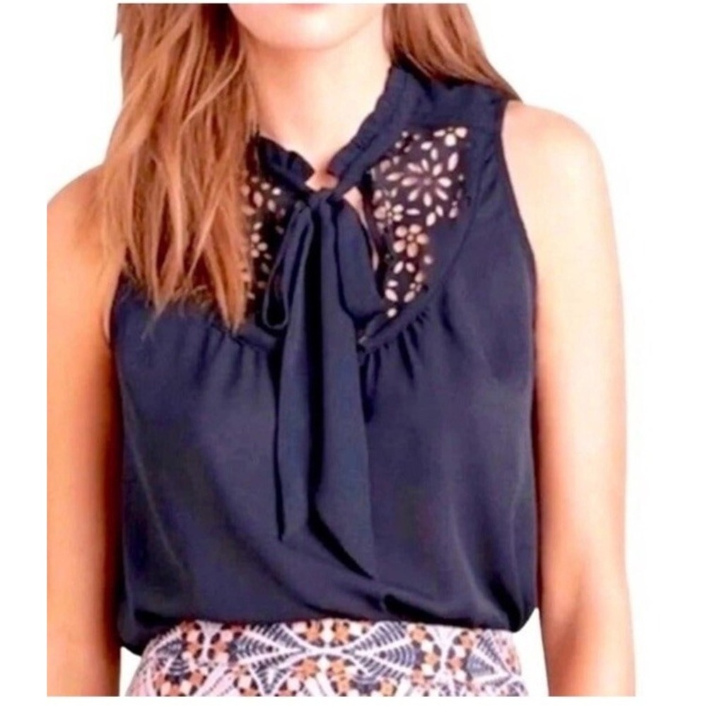Maeve Anthropologie Navy Blue Eyelet Laser Cut Tie Neck Sleeveless Blouse 4
